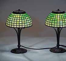 A  PAIR OF 8" GEOMETRIC TIFFANY LAMPS                                                                                 LAMPS